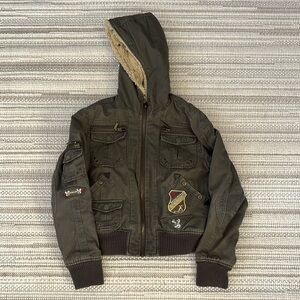 Y2K Gadzooks Cropped Utility Jacket Army Green with Patches Med